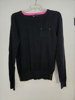 t/o Women's Black Pink Solid Crewneck Knit Pullover Sweater Pocket Button L